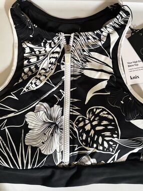 Knix Black & White Tropical Zip-Front High Neck Bikini Top Size Small NWT
